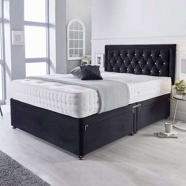 Blakely Divan Bed with Mattress and Chesterfield style Bumper Headboard Front bonzerbeds.co.uk