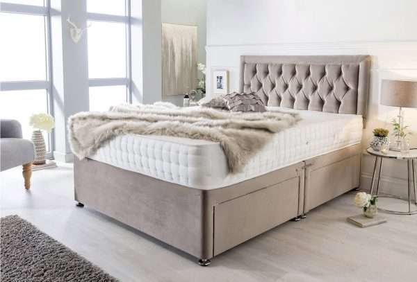 Eleonara Divan Bed with Mattress and Chesterfield style Bumper Headboard bonzerbeds.co.uk