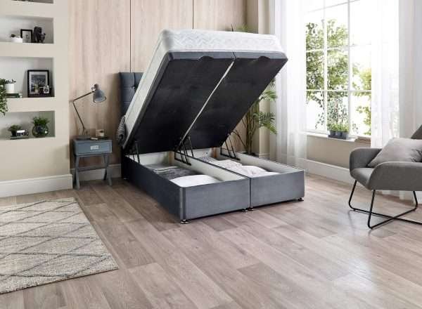 Omega Divan Ottoman Bed Open End lift front left - bonzerbeds.co.uk